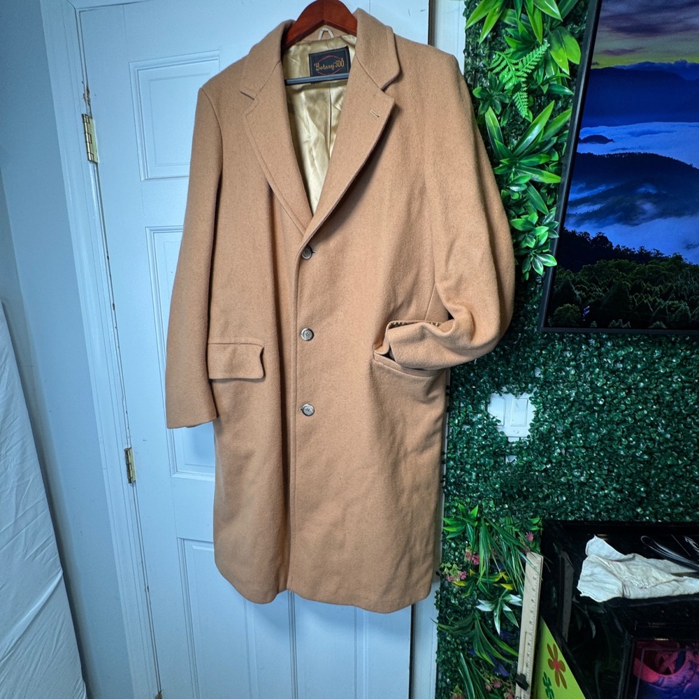 Vintage Botany 500 Overcoat Long Topcoat Classic Fit Camel Beige Wool Size 42L